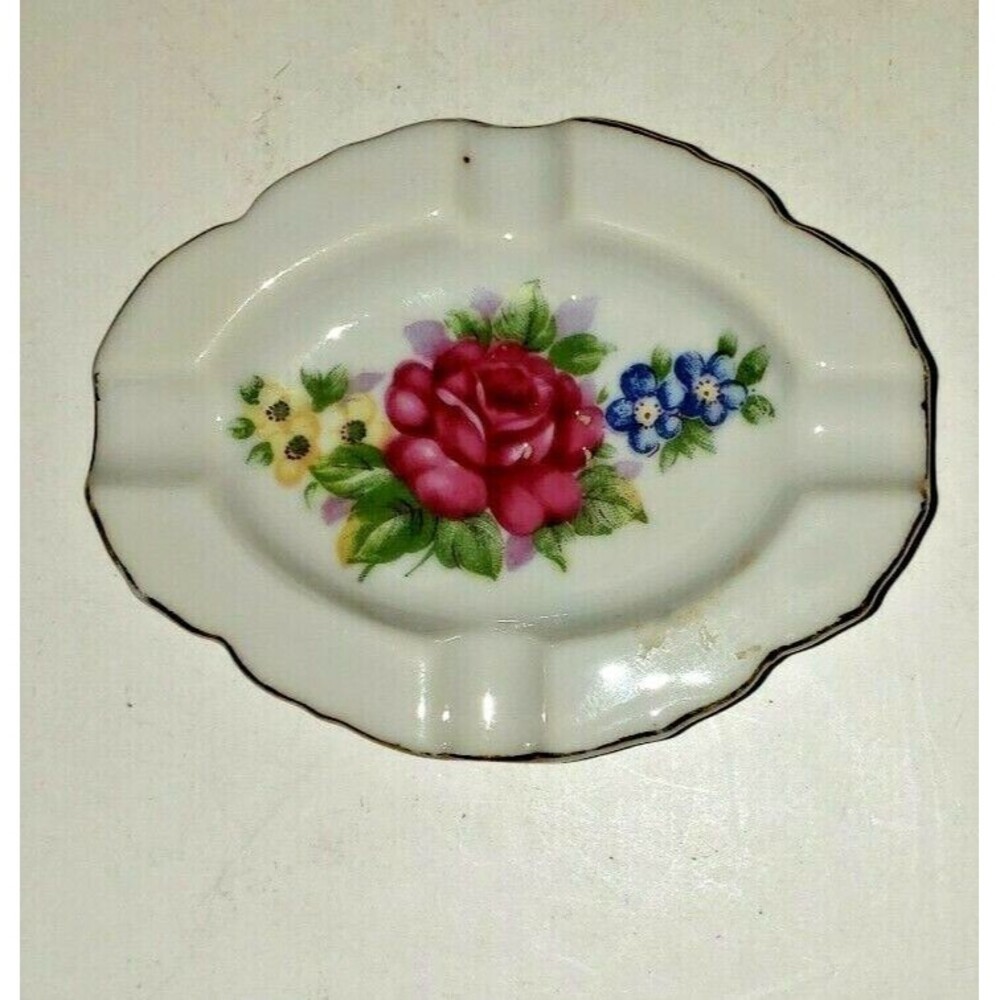 Vintage Floral Ceramic Ashtray Oval Ring Dish Transferware Rose JAPAN Marked
